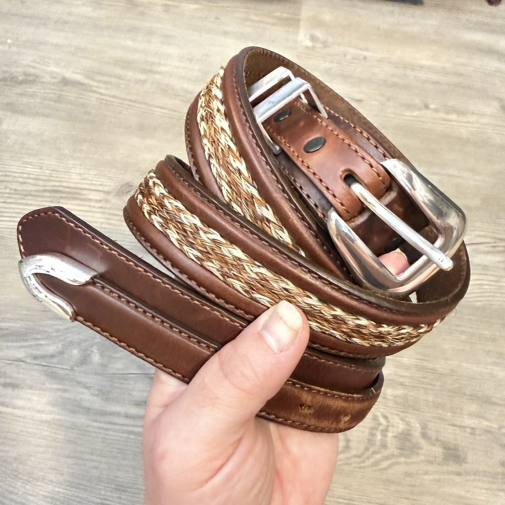 Tony Lama Sz 42 Mens Western Belt Dark Brown Leather Horsehair Hitched Buckle